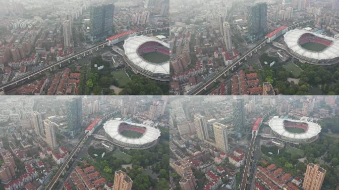 上海城市航拍车流虹口足球场