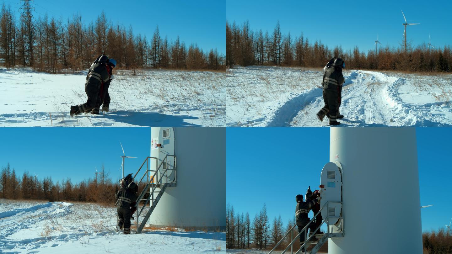 航拍雪地风机风力发电机风场站