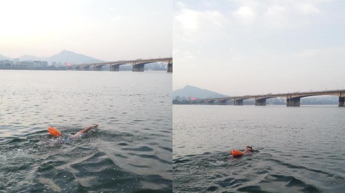 元旦节日冬泳爱好者在汉江河流里游泳健身