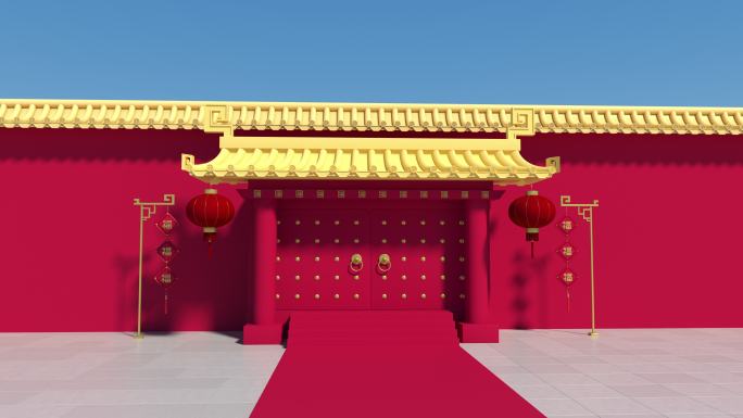 红色中国风宫墙与门3D渲染