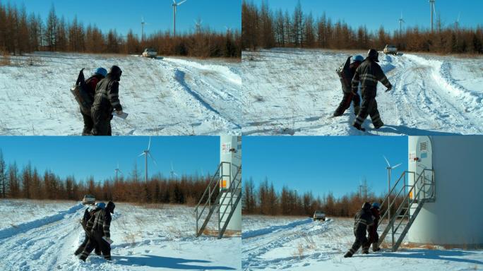 航拍雪地风机风力发电机风场站