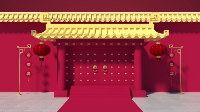 打开中国风古典宫门3D渲染