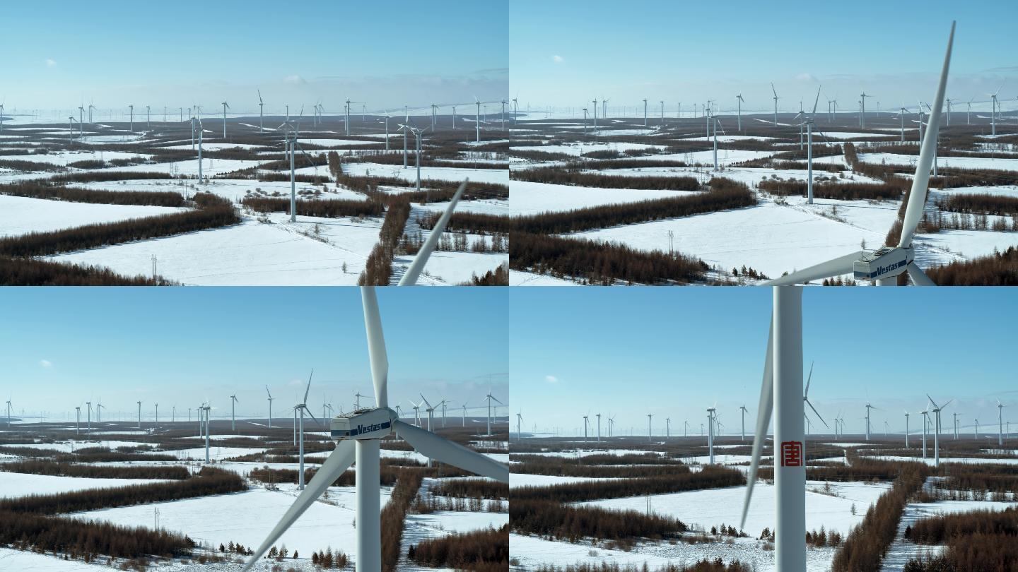航拍雪地风机风力发电机塞罕坝