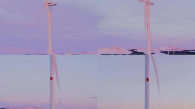 航拍雪地夕阳风力发电机塞罕坝