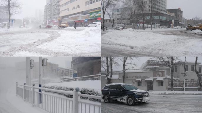 暴雪天气交通受阻车辆行人缓慢行进