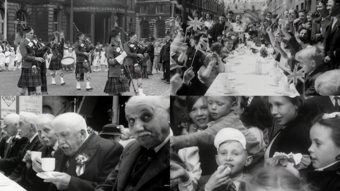 50年代英国伦敦街头庆祝二战聚餐聚会