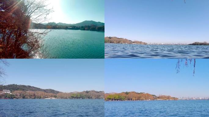 4k杭州西湖冬景美景湖面空景