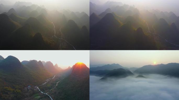 4K航拍原始森林群山环绕云雾缭绕日出十万