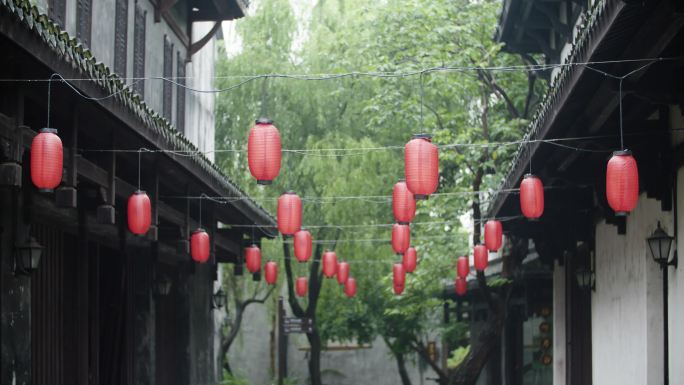 江南水乡，小镇雨天，古镇，枕水江南，灯笼