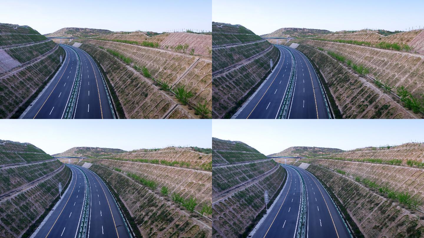 高速公路高速公路护坡航拍黄土高原
