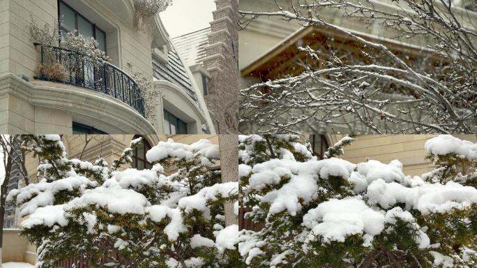 原创拍摄冬季欧式别墅街区雪景