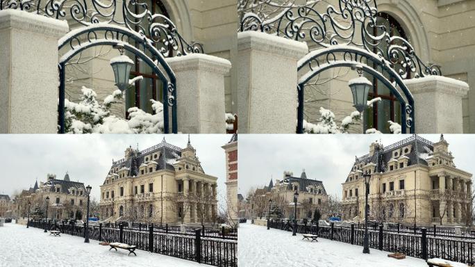 原创拍摄冬季欧式别墅街区雪景