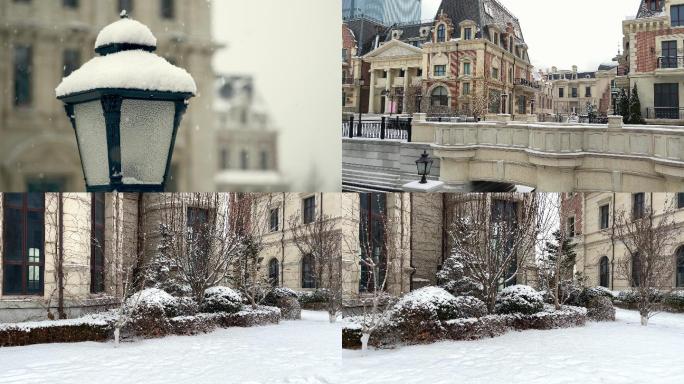 原创拍摄冬季欧式别墅街区雪景