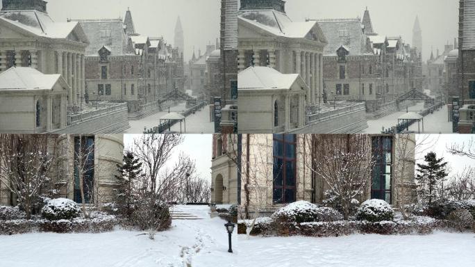 原创拍摄冬季欧式别墅街区雪景