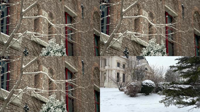 原创拍摄冬季欧式别墅街区雪景