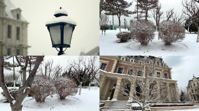 原创拍摄冬季欧式别墅街区雪景