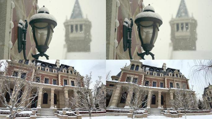 原创拍摄冬季欧式别墅街区雪景