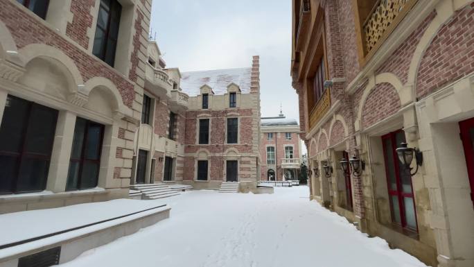 原创拍摄冬季欧式别墅街区雪景