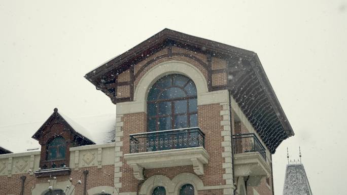 原创拍摄冬季欧式别墅街区雪景