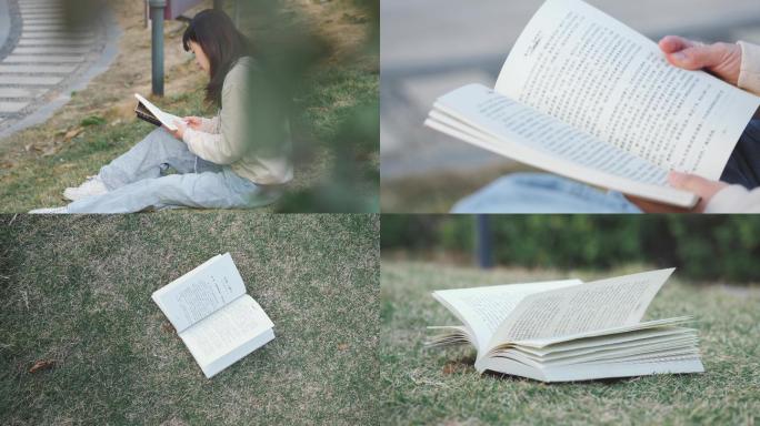 女孩在公园草坪上看书