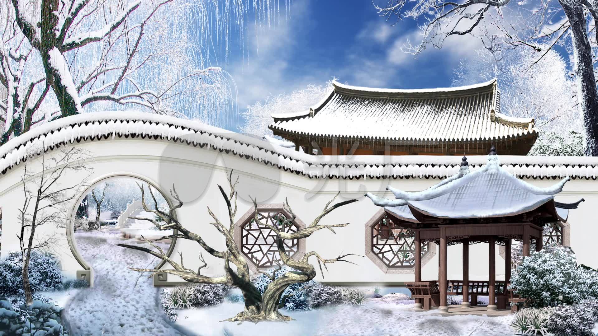 御花园下雪凉亭戏曲粤剧舞台演出背景_1920x1080_高清视频素材下载