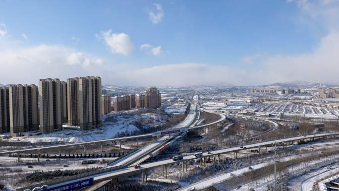 4K雪景素材高架桥高速路高楼城市