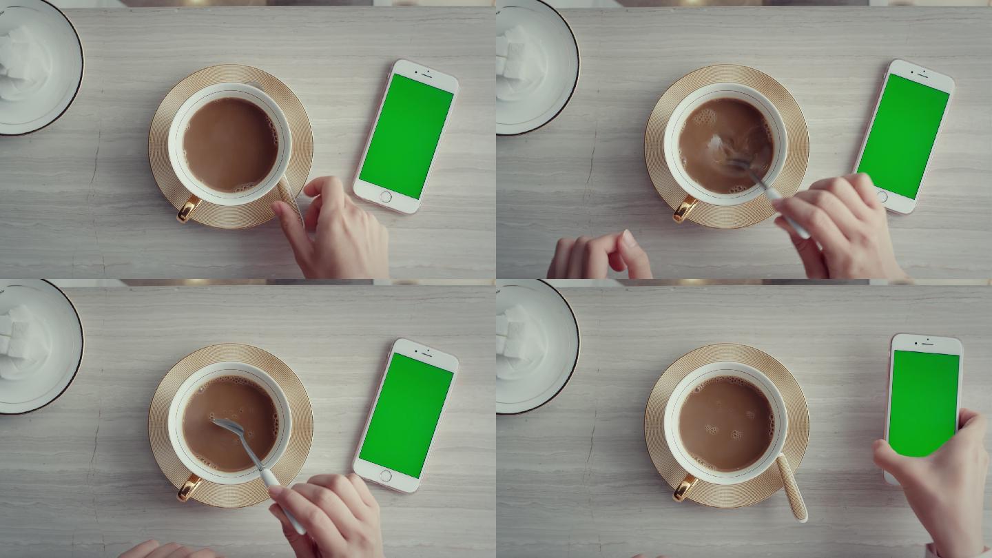 咖啡美女手手机抠像绿幕玩手机