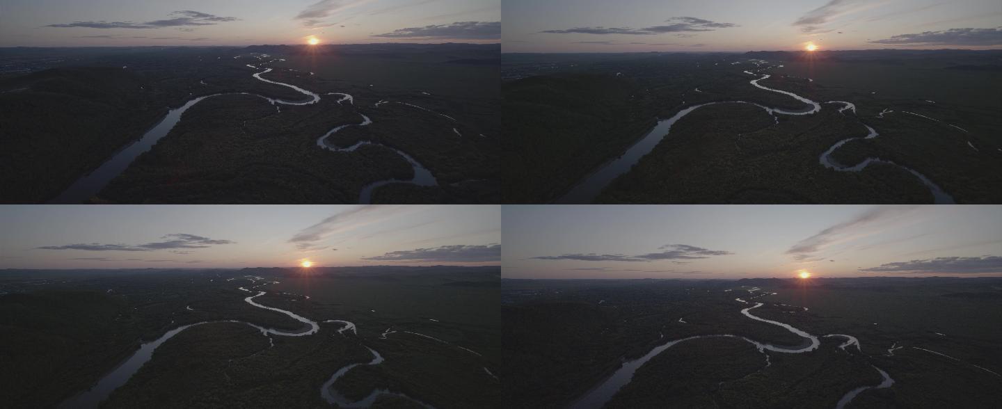 4K航拍草原湿地绿植河流.夕阳