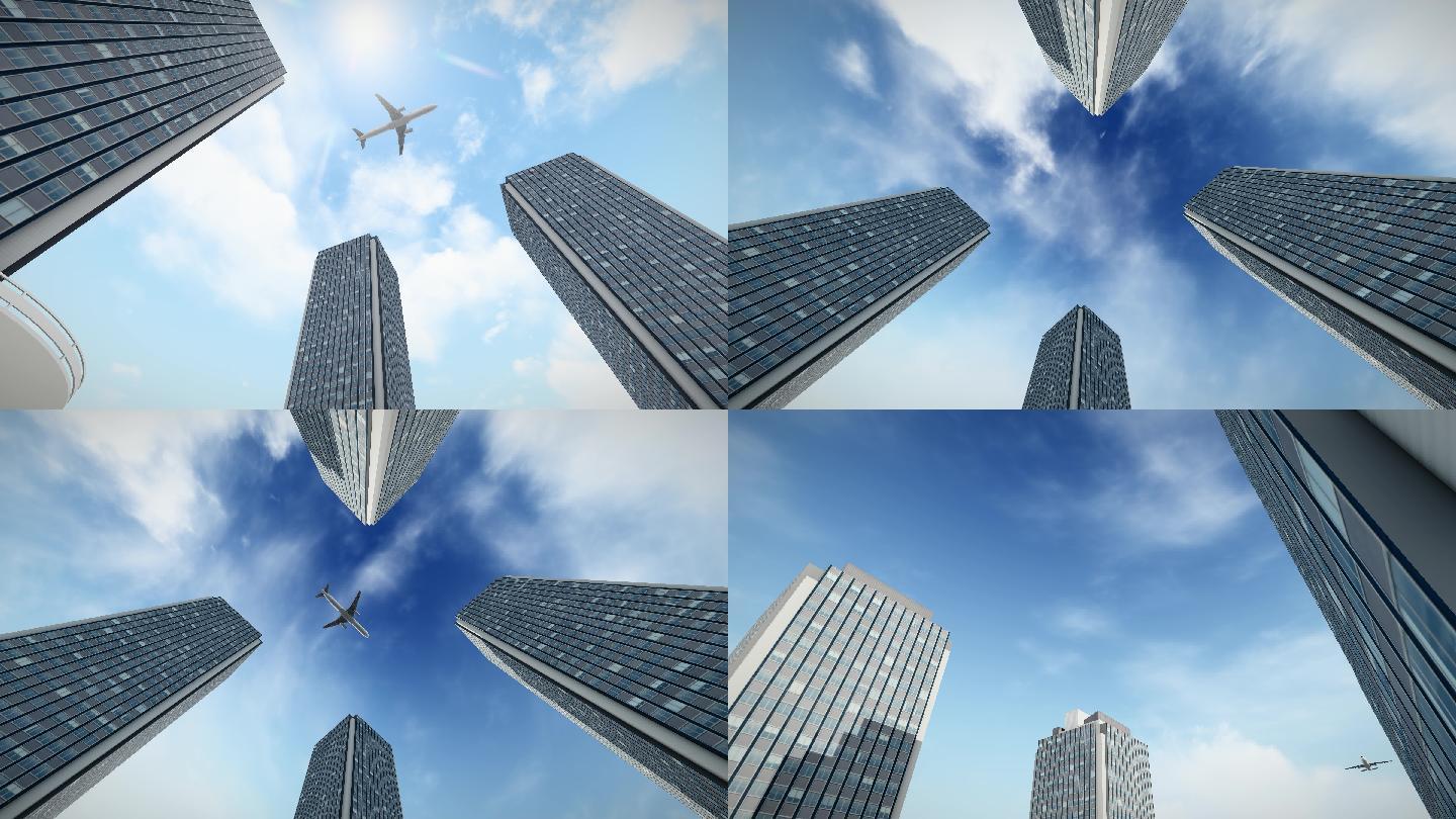 大气飞机飞过城市金融楼顶