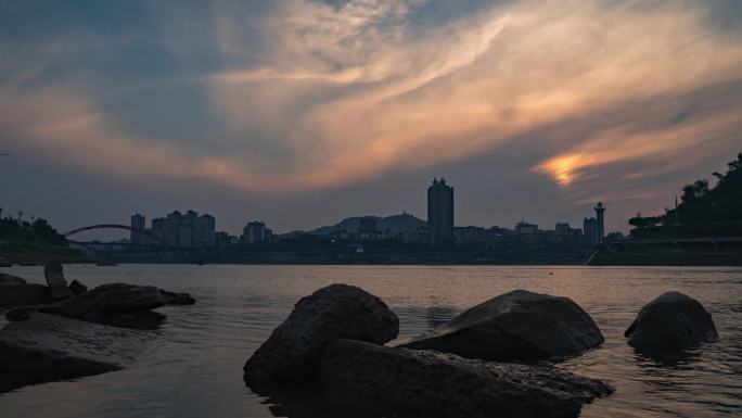 江景日转夜延时摄影