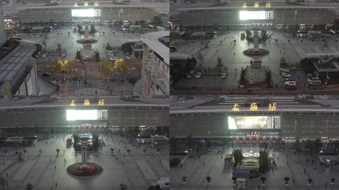 4K原素材-航拍傍晚时分的上海火车站