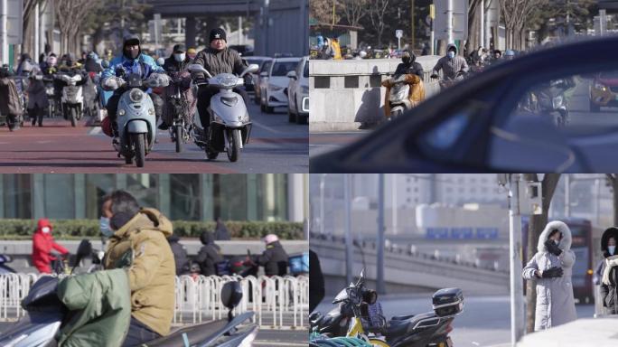 北京冬天，外卖小哥，戴口罩人群4k