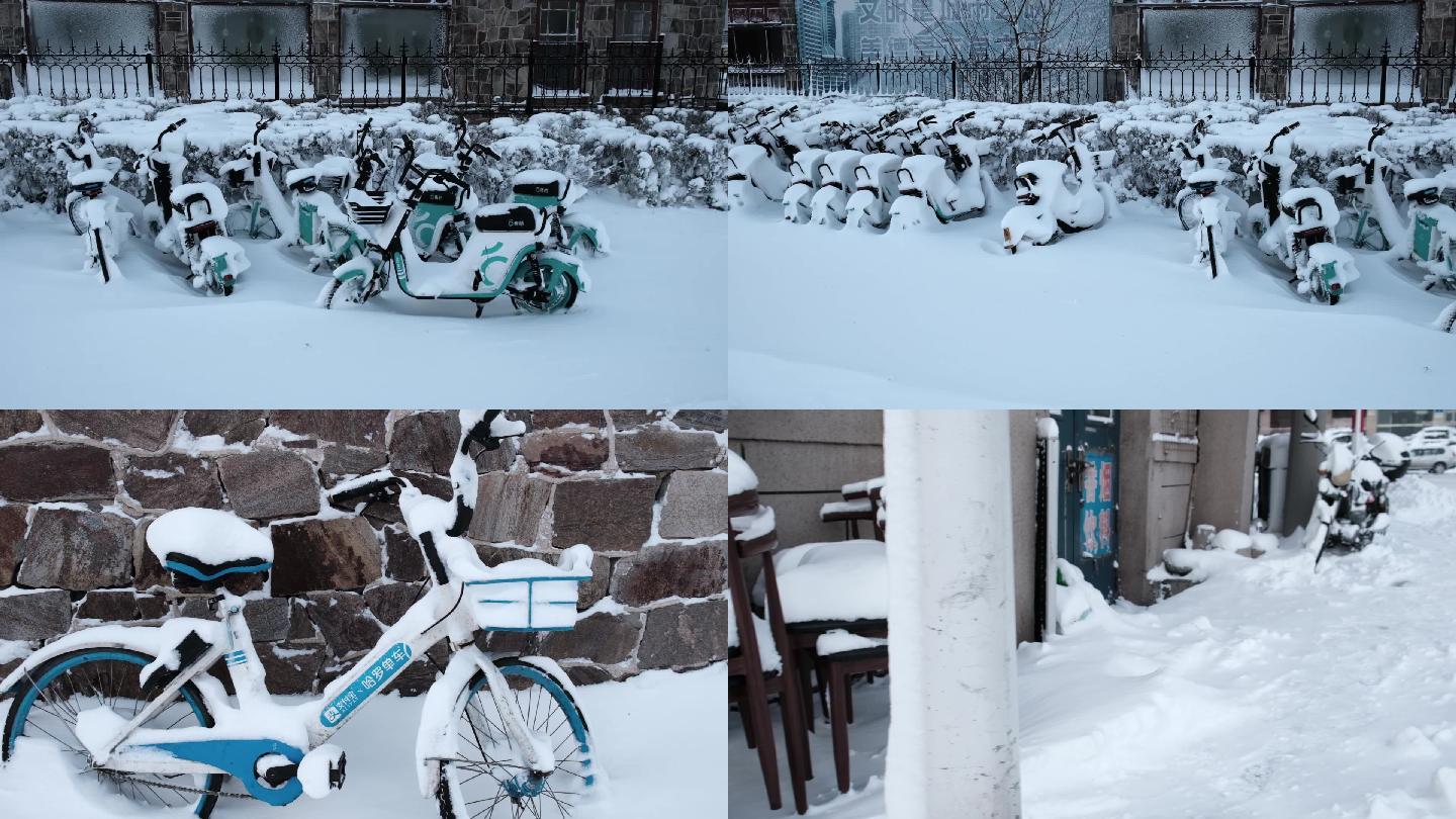 寒潮天气被积雪覆盖的共享单车电动车