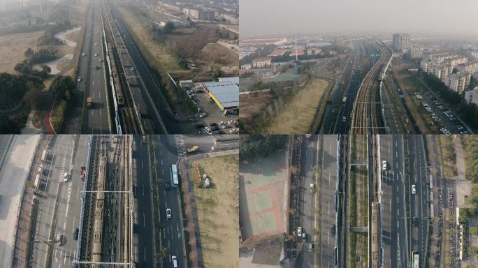 4K航拍南京江北新区六合大厂地铁列车进站