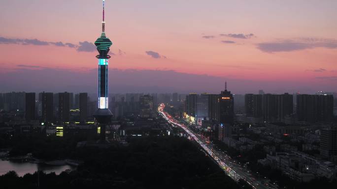 航拍石家庄电视塔世纪公园夜景4k