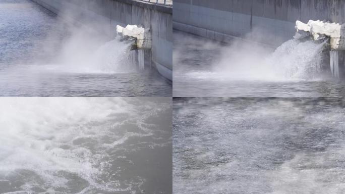 寒冬，城市河水，排水河道，水面热气4k