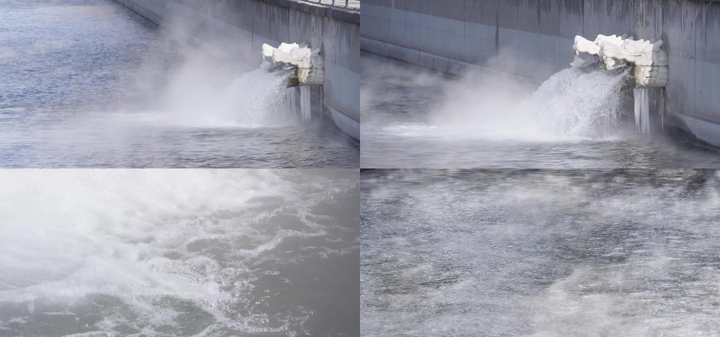 寒冬，城市河水，排水河道，水面热气4k