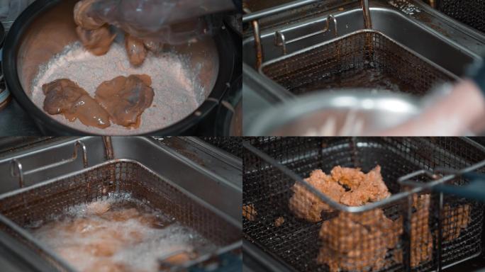 4K韩国料理店炸鸡块制作空镜