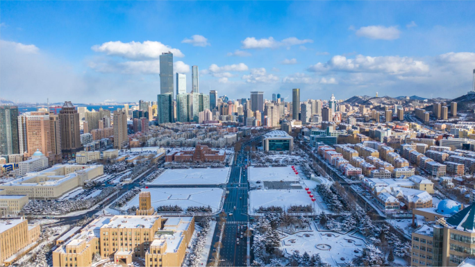 大连冬季雪景城市雪景航拍