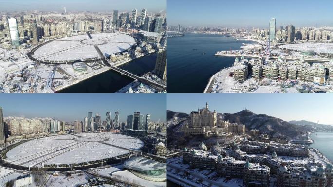 大连星海广场雪景城市雪景海湾城堡雪景