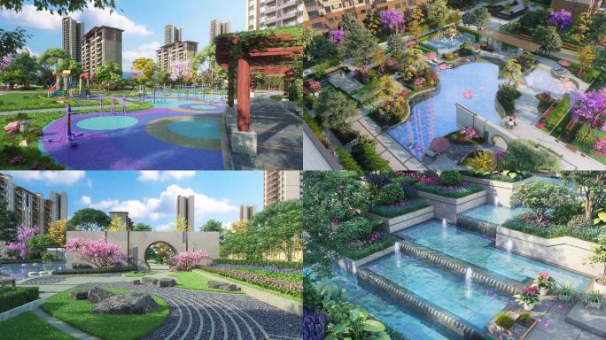 新中式地产园林泳池儿童游乐区叠水景观水系