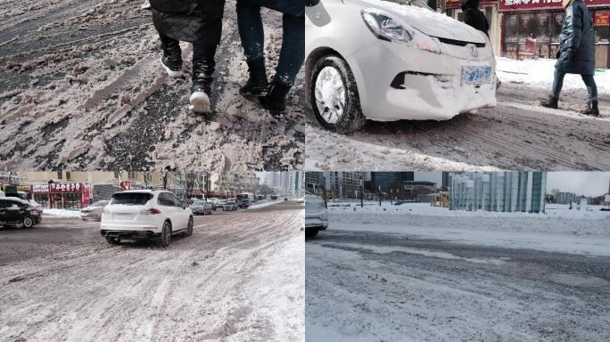 寒潮天气城市遭遇暴雪后的道路交通实拍慢镜