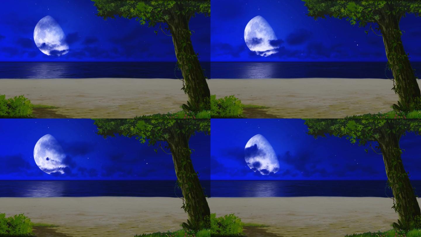 卡通月亮倒影海边沙滩场景