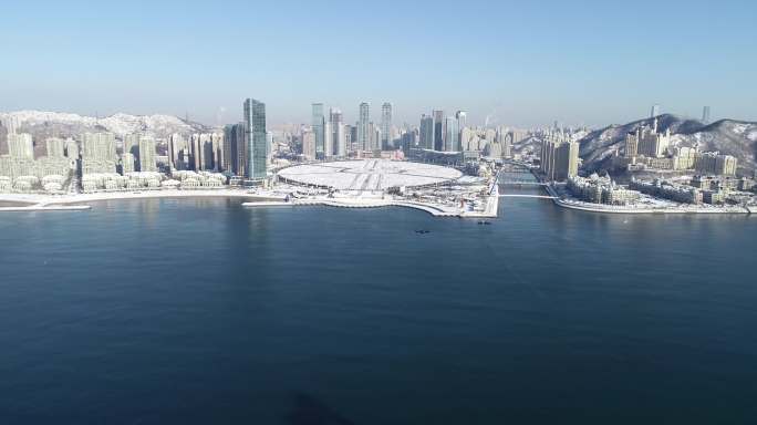 大连星海湾大桥雪景航拍沿海城市航拍