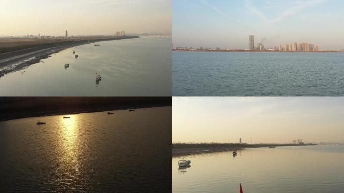 4K航拍杭州钱塘江上停泊的渔船
