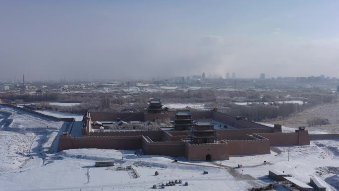 航拍嘉峪关关城景区雪景