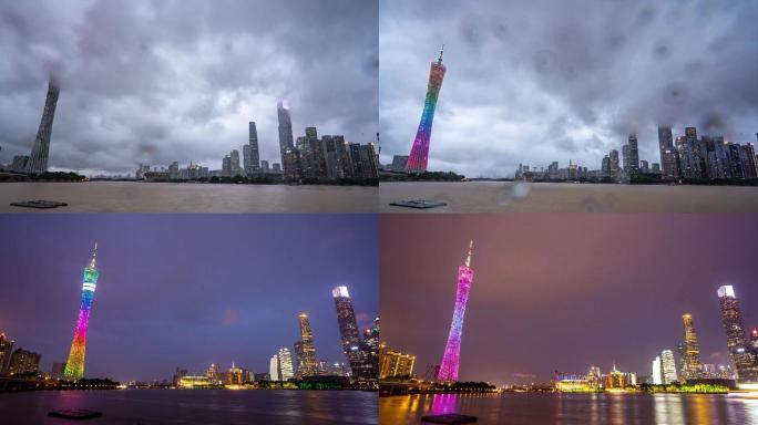 实拍高清下雨天的广州塔间隔拍摄延时摄影
