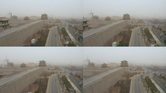 北方城市城墙冬季雾霾浮尘航拍