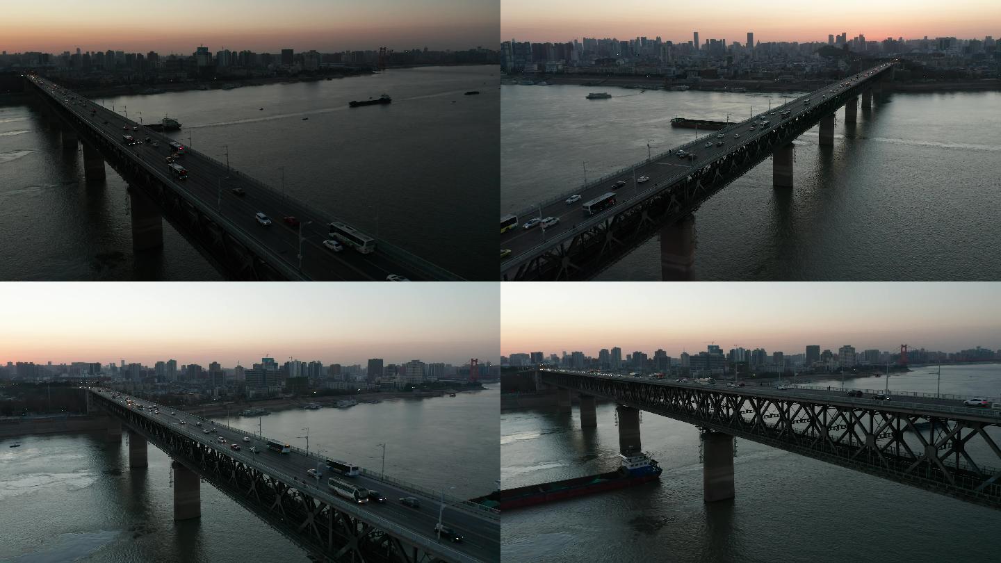 武汉长江大桥清晨日出航拍