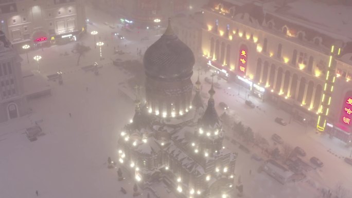 4K哈尔滨市索菲亚教堂下雪航拍